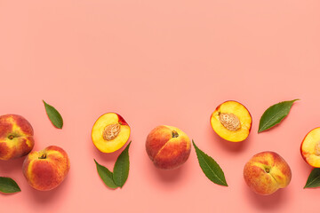 Sweet peaches and leaves on pink background
