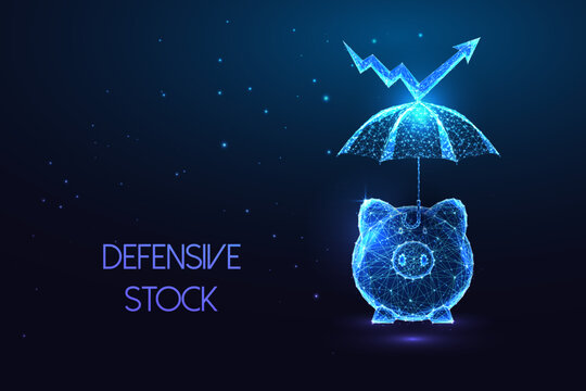 Defensive Stock, Business Resilience Futuristic Concept With Piggy Bank, Protective Umbrella On Blue