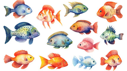 Fototapeta premium watercolor stickers set of under water life, ai generative
