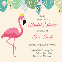 Bridal shower invitation card with flamingo and editable text.