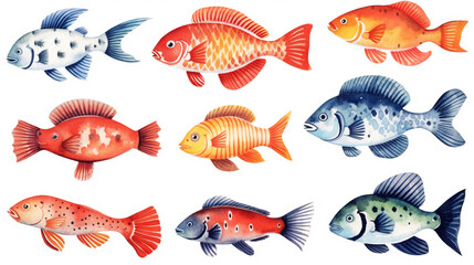 Fototapeta na wymiar watercolor stickers set of under water life, ai generative