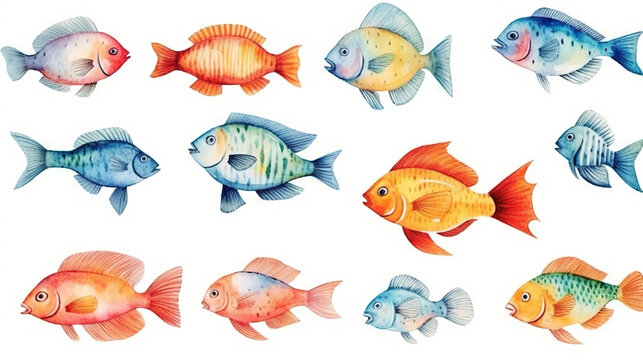 watercolor stickers set of under water life, ai generative