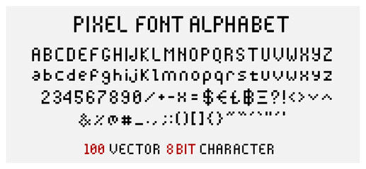 Pixel Font old Computer vector Alphabet in 8bit video display Bitmap, Arcade game Dos Unix RGB style - 100 characters letters and numbers