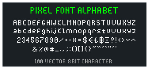 Pixel Font old Computer vector Alphabet in 8bit video display Bitmap, Arcade game Dos Unix RGB style - 100 characters letters numbers  and signs