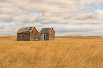 Abandoned farm buildings and grain silo under the cloudy sky in the prairie