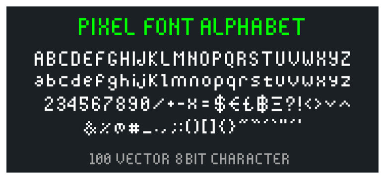 Pixel Font old Computer vector Alphabet in 8bit video display Bitmap, Arcade game Dos Unix RGB style - 100 characters letters numbers  and signs