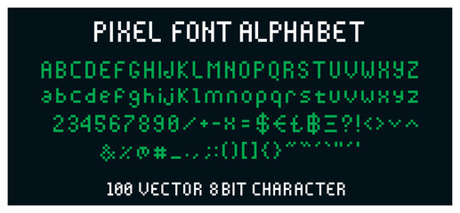 Green Pixel Font old Computer vector Alphabet in 8bit video display Bitmap, Arcade game Dos Unix RGB style - 100 characters letters and numbers