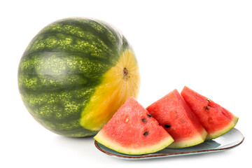 Plate with pieces of fresh watermelon on white background