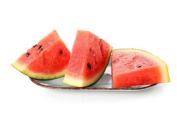 Plate with pieces of fresh watermelon on white background