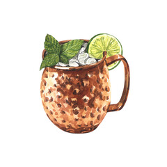 Watercolor moscow mule cocktail with lime and mint leaves ice, in a copper mug. Hand-drawn illustration isolated on white background.Perfect for recipe lists with alcoholic drinks, brochures for cafe