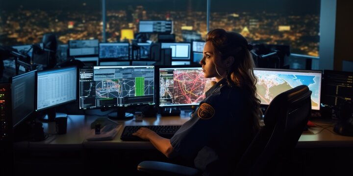 a 911 call center for first responders, fire, police, and medical personnel, in Emergency-themed, Horizontal format in JPG. Generative AI