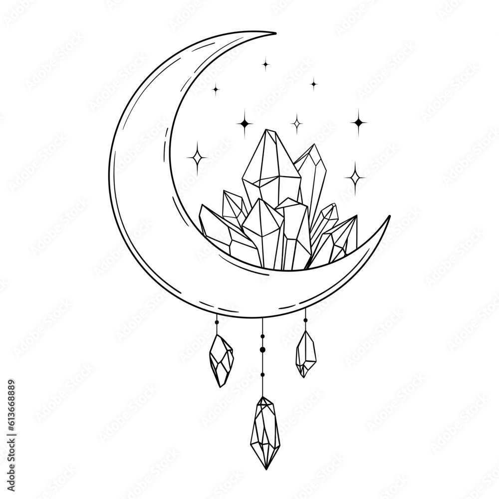 Wall mural vector line art mystical celestial magic witchcraft elements. esoteric crescent moon, crystals stars