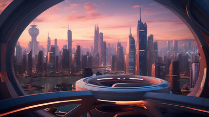 Obraz na płótnie Canvas Futuristic Cityscape at Twilight: Harmony of Technology and Nature
