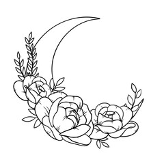 Vector line art mystical celestial magic witchcraft elements. Esoteric crescent moon, peony rose, leaves stars, line art. © Meranna