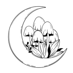 Vector line art mystical celestial magic witchcraft elements. Esoteric crescent moon, mushrooms, stars, leaves, line art.