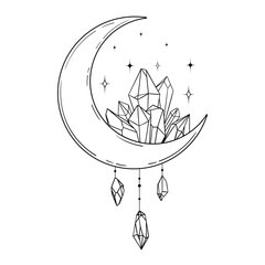 Vector line art mystical celestial magic witchcraft elements. Esoteric crescent moon, crystals stars, line art.