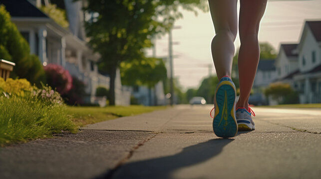 closeup photo similar of feet walking with running shoes on a residential street with little traffic