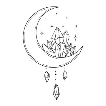 Vector Line Art Mystical Celestial Magic Witchcraft Elements. Esoteric Crescent Moon, Crystals Stars, Line Art.