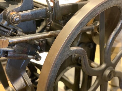 Close up of an antique printing press 