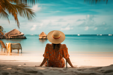 Fototapeta na wymiar A woman sitting on a beach looking out at the ocean. Generative AI.