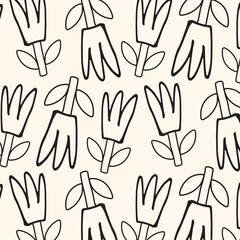 trendy pattern with flowers in a line on a beige background.