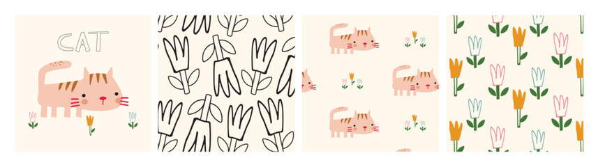 Fototapeta premium cute collection of patterns and illustrations with cat and flowers.