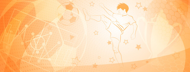 Abstract soccer background with a football player kicking the ball and other sport symbols in yellow colors