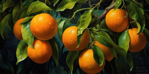 Delicious, Ripe oranges hanging on branches Fruit-themed, horizontal format in JPG. Generative AI