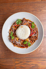 Lomo saltado, gastronomia peruana, con arroz