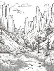 A black and white drawing of a mountain landscape. Generative AI.
