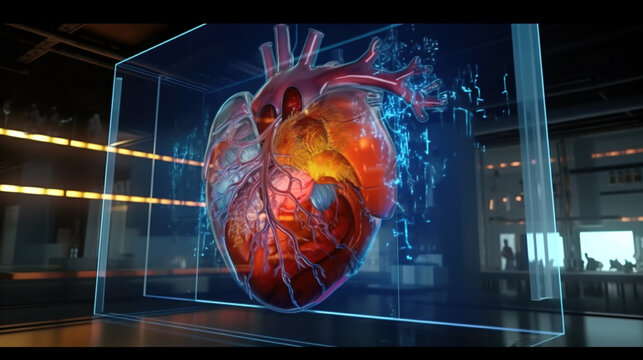 a large transparent screen with a human heart with the visual notes representations