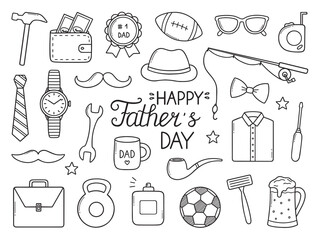 Happy Father's day doodle set. Tie, mustache, hat, hammer, glasses, watch in sketch style. Hand drawn vector illustration isolated on white background © AnyaLi
