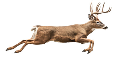 a Whitetail deer Buck, running and jumping, elusive animal, Wildlife-themed, photorealistic illustrations in a PNG, cutout, and isolated. Generative AI