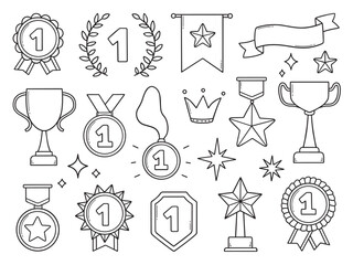 Awards, champion, winner prize doodle set. Trophy cups, medals, orders, winner flag, ribbon in sketch style. First place elements. Hand drawn vector illustration isolated on white background - obrazy, fototapety, plakaty
