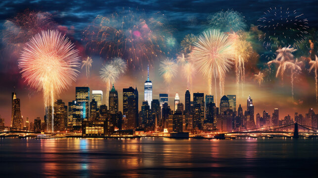 Fireworks over a large cityscape at night