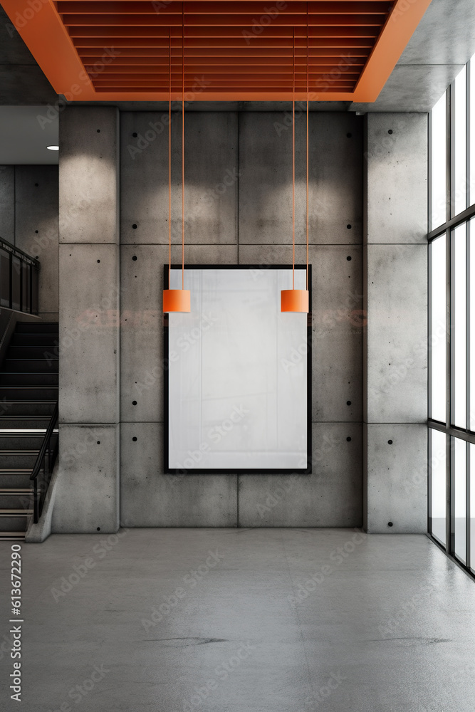 Aufkleber an empty room with a blank picture hanging from the ceiling. generative ai. poster canvas mockup.