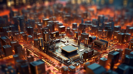 An aerial view of a city at night. Generative AI. Microchip town landscape on surreal motherboard.