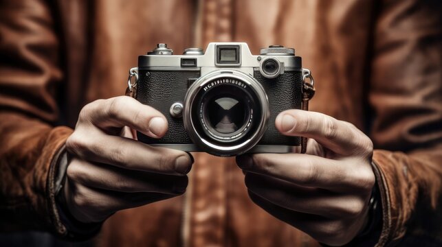 World Photographer's Day. the camera is in the hands of a person. Greeting cards for holiday photos. World Camera Day. generative ai