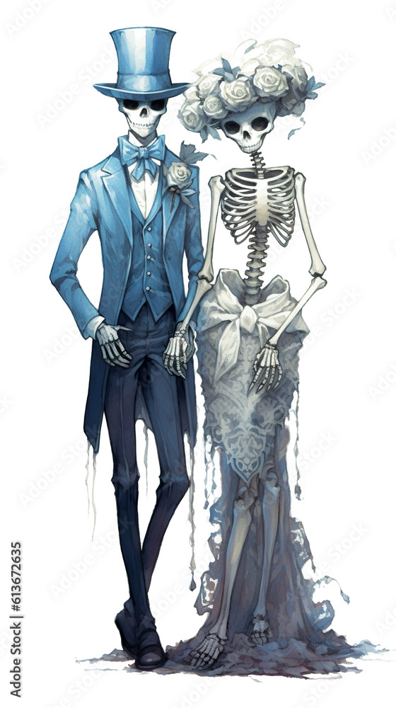 Poster A couple of skeletons standing next to each other. Generative AI.