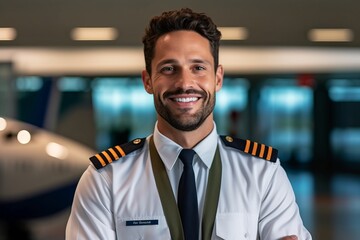 Portrait of handsome pilot smiling at camera while standing in airport. - obrazy, fototapety, plakaty