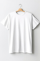 A white t-shirt hanging on a hanger. Generative AI. Tshirt mockup, copy space.
