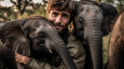 Człowiek przyjaźń ze słoniami na sawannie - obrazy, fototapety, plakaty
