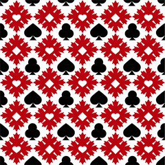 Obraz premium Abstract maple leaf seamless pattern illustration with black and red poker card symbols.