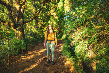 Tourist woman walking along jungle footpath next to water channel through light filled Madeiran rainforest during golden hour. Levada of Caldeirão Verde, Madeira Island, Portugal, Europe.