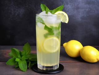 A glass of chilled lemonade garnished with a slice of lemon and mint leaves.