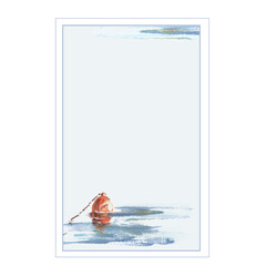 Watercolor composition red buoy at sea Hand painted postcard on blue background with frame.