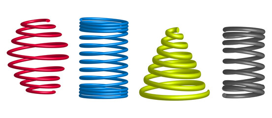 set coil spring twisted, metal industrial coil isolated. 3d rendering