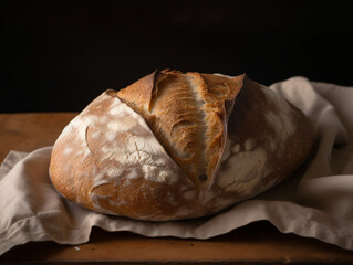 A rustic bread loaf with a crusty exterior and soft, fluffy interior.