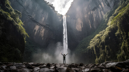 Wielki wodospad w majestatycznym ukrytym miejscu, dziewiczy ląd odkryty przez człowieka. - obrazy, fototapety, plakaty