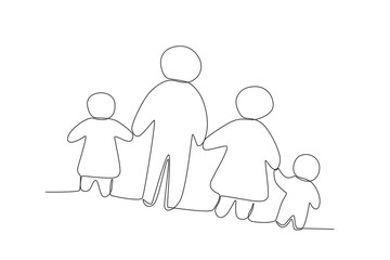 Four children holding hands. World population day one-line drawing